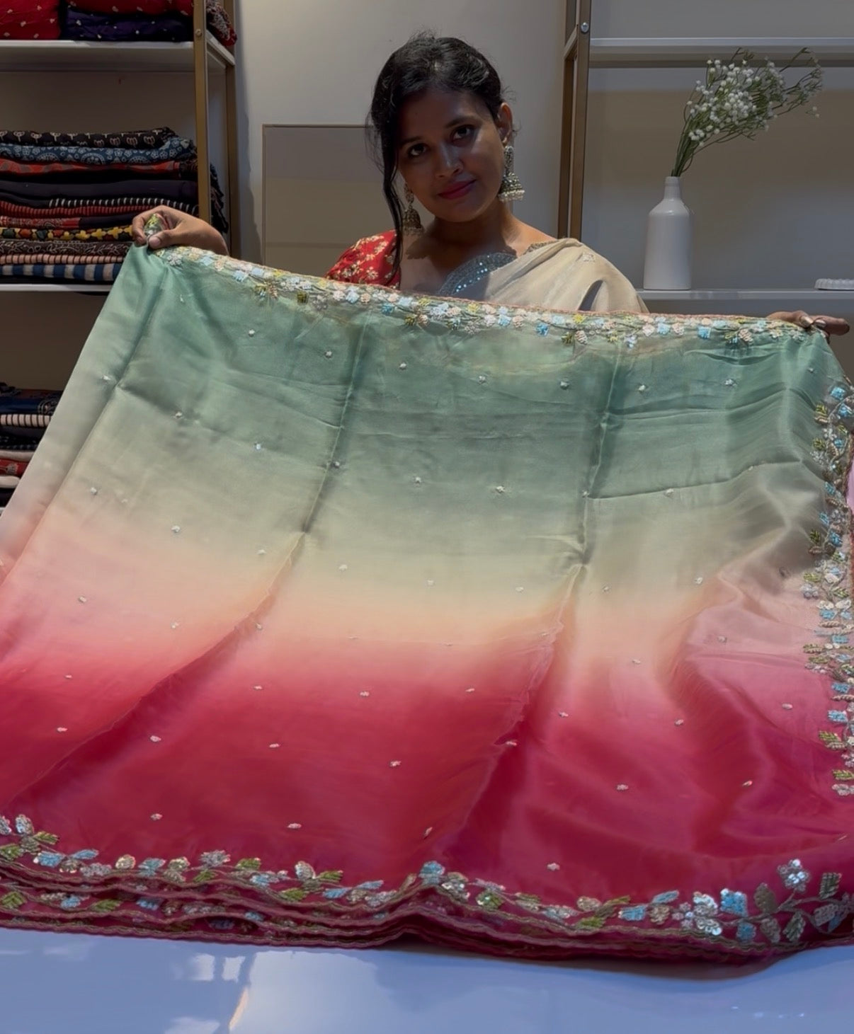 Dreamy Pista Green With Pink Soft Organza Saree