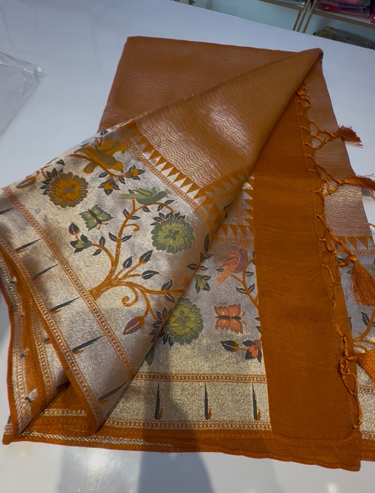 Mustard yellow Kushi Ravi inspired Banarasi pattu saree with paithani border