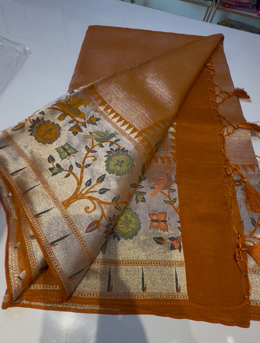 Mustard yellow Kushi Ravi inspired Banarasi pattu saree with paithani border