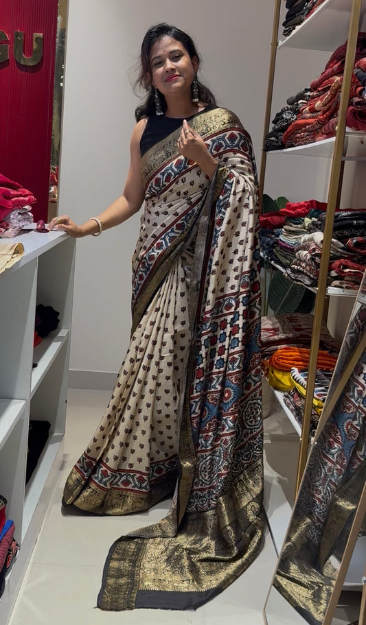 Pure Ajrakh Dola Silk Saree