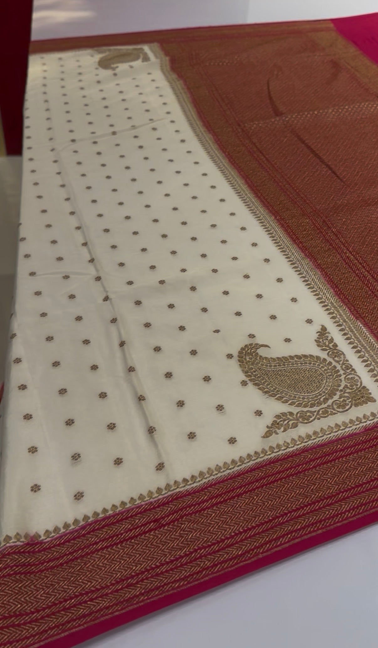 Off white with pink Pure crepe Banarasi Saree