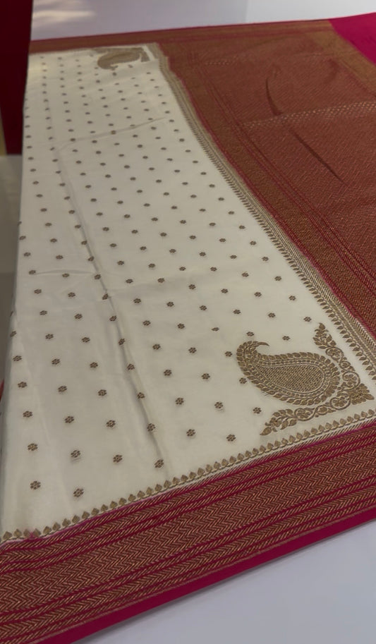 Off white with pink Pure crepe Banarasi Saree