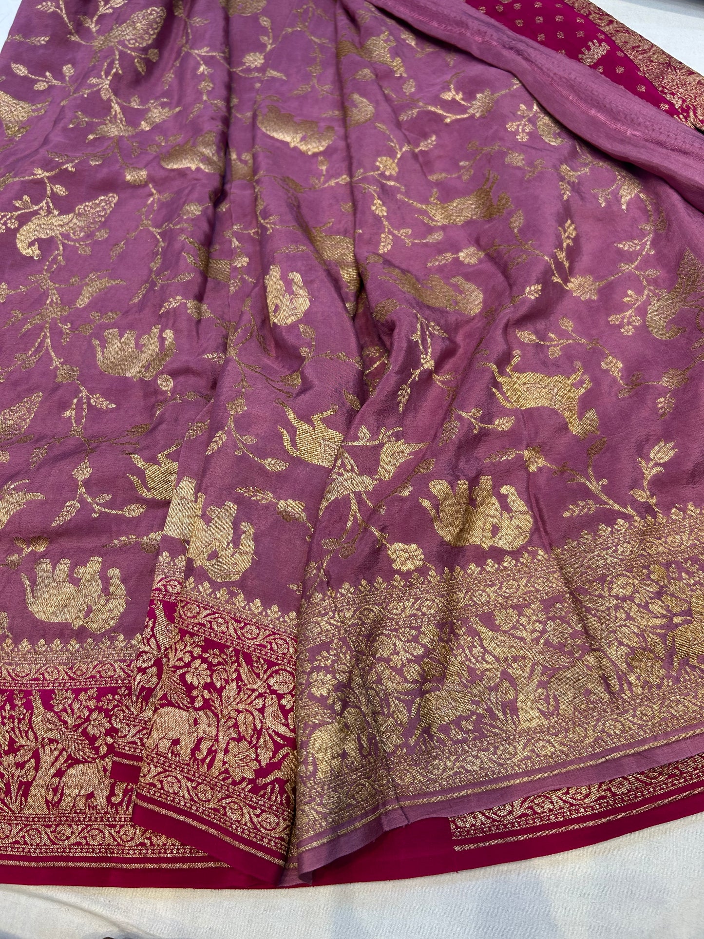 Mauve pink with hot pink pure crepe Banarasi saree