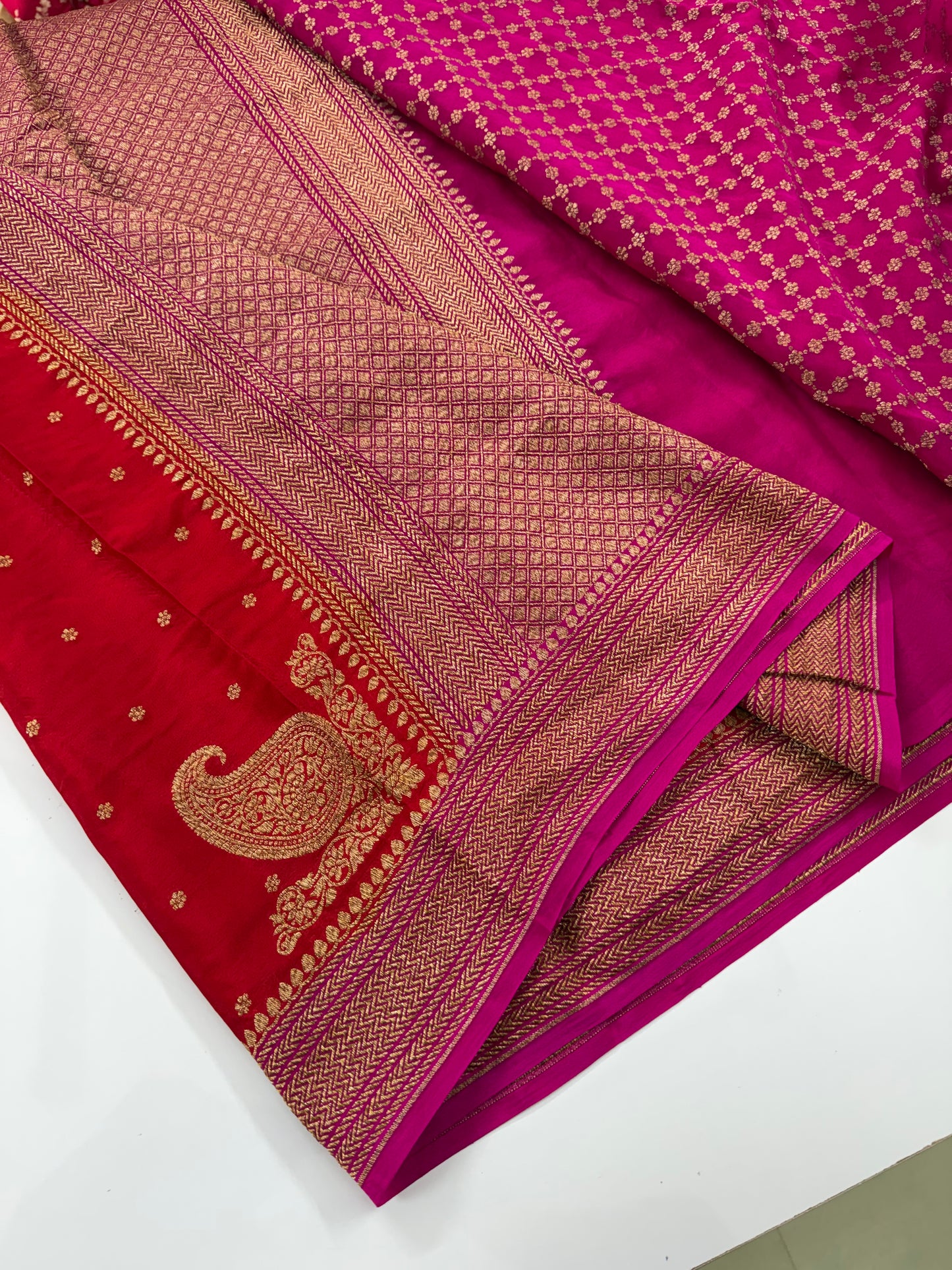 Red with pink pure crepe Banarasi saree
