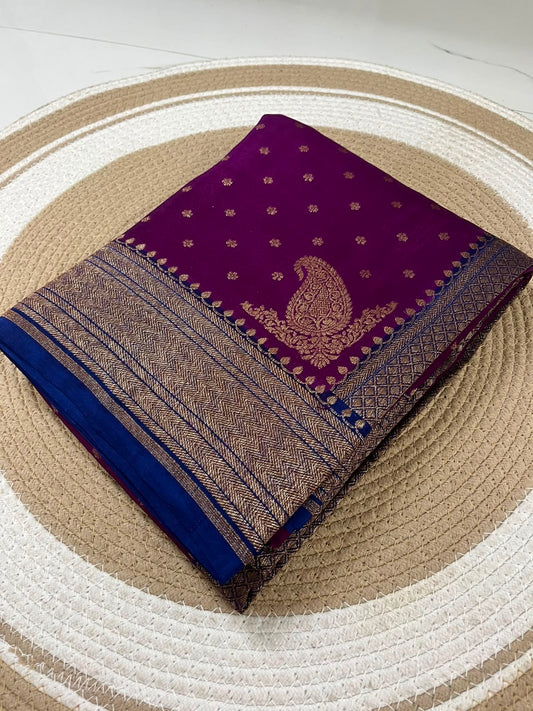 Purple with blue Pure Crepe chiffon banarasi saree with konia design with konia design