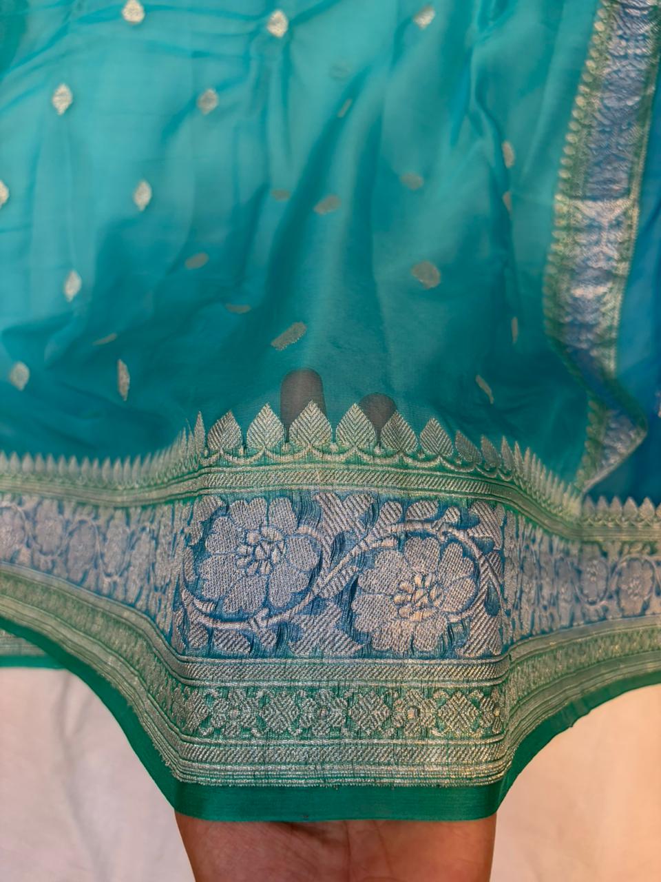 Dual shade blue with green pure chiffon Banarasi sarees