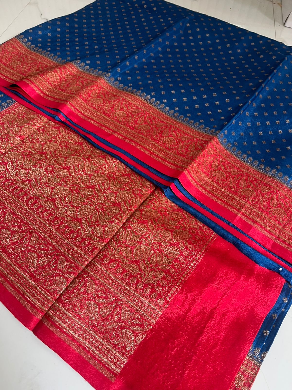 Blue With Red Pure Crepe chiffon banarasi saree