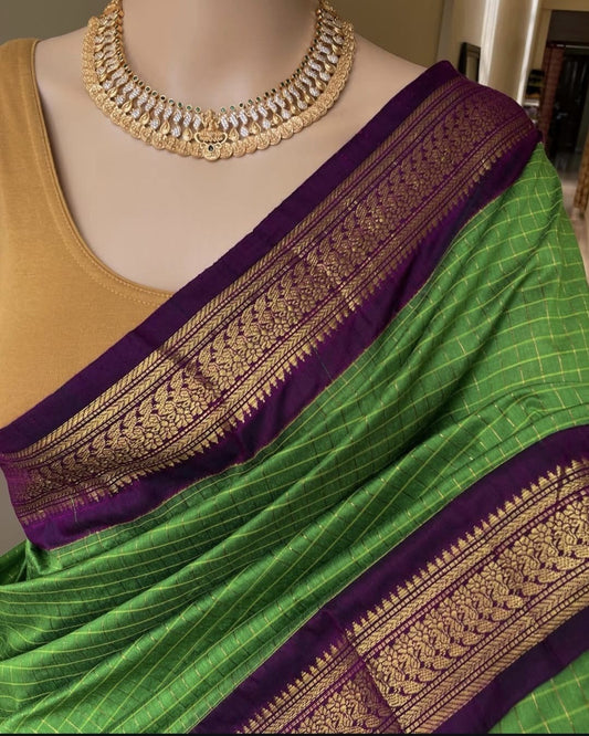 Parrot green with purple Cotton silk saree