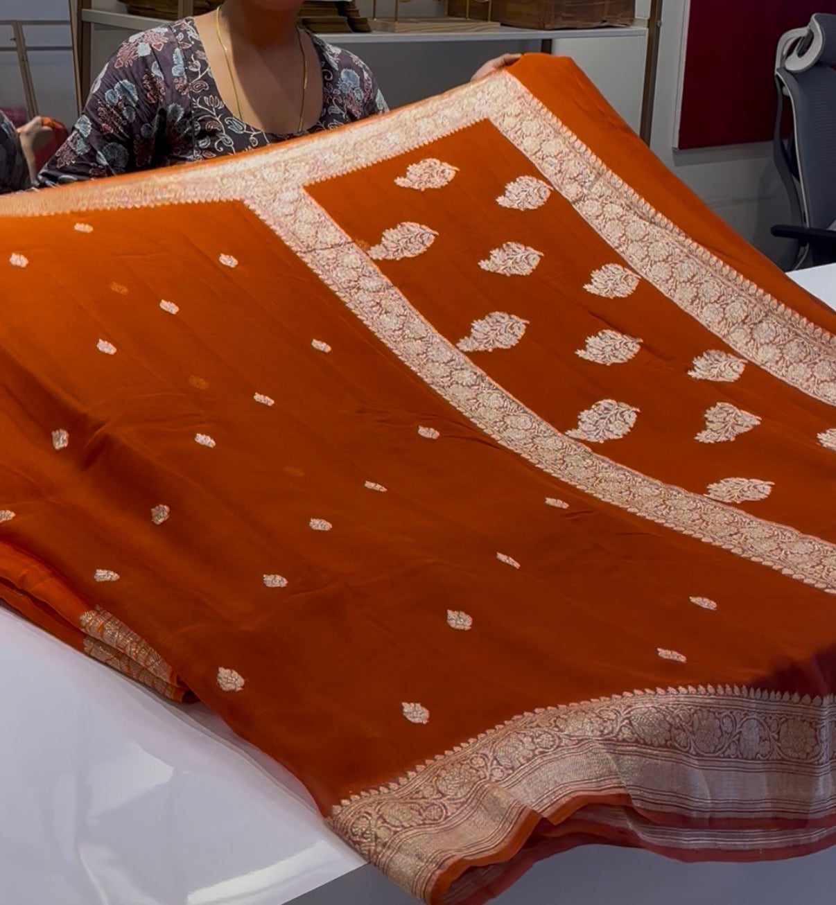 Rust Orange Pure chiffon Banarasi sarees