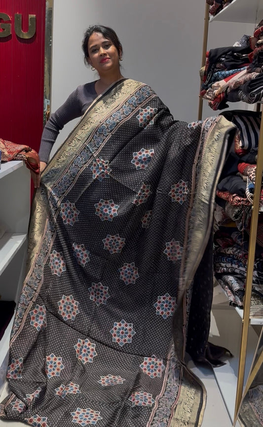 Dola Silk Saree with ajrakh hand block print