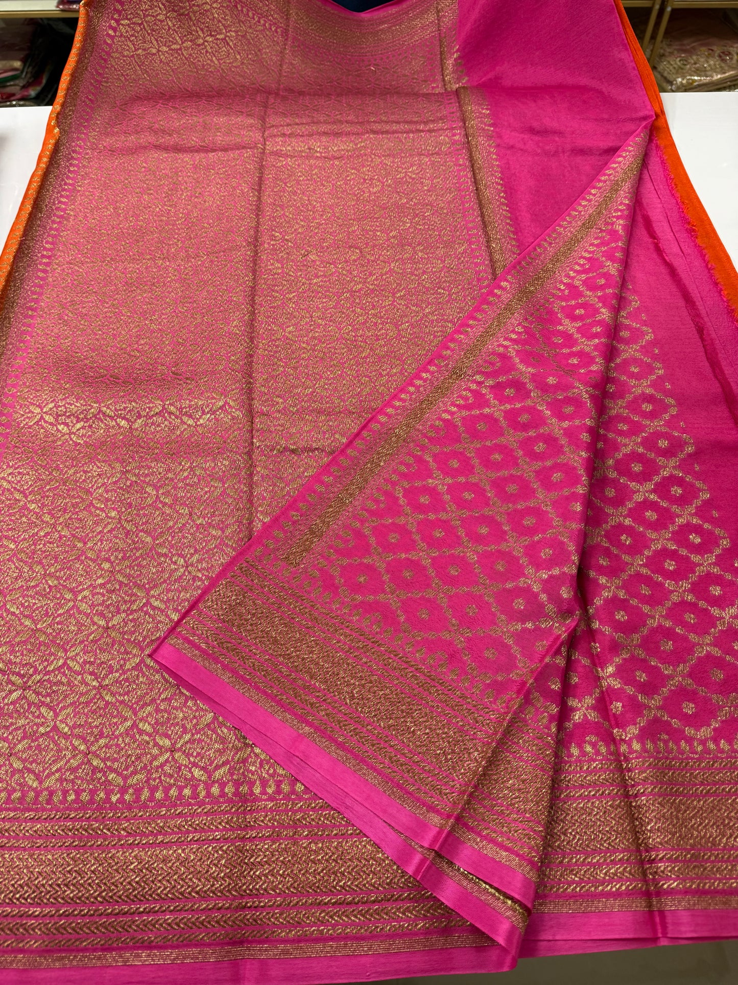 Orange with pink Pure Crepe chiffon banarasi saree with konia design(konia100)
