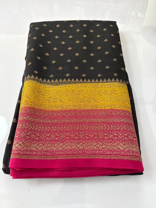 Black Pure Crepe chiffon banarasi saree(Black3DCrepe)