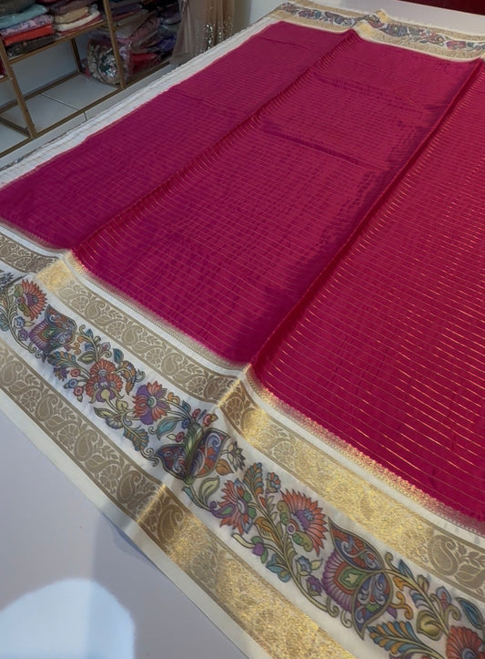 Pink semi crepe kalamkari digital print sarees