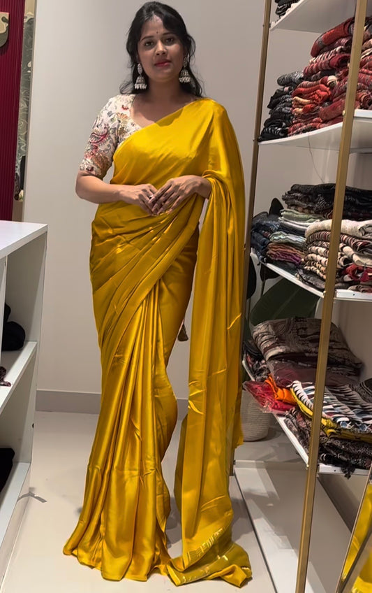 Yellow pure plain modal silk saree with lagadi pallu