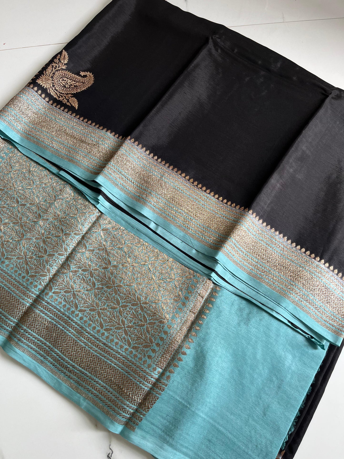 Black with blue Pure Crepe chiffon banarasi saree