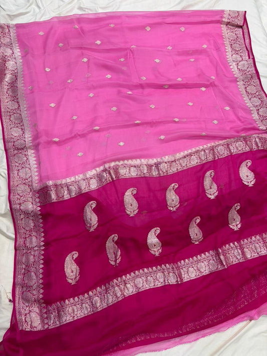 Dual shade pink pure chiffon Banarasi sarees
