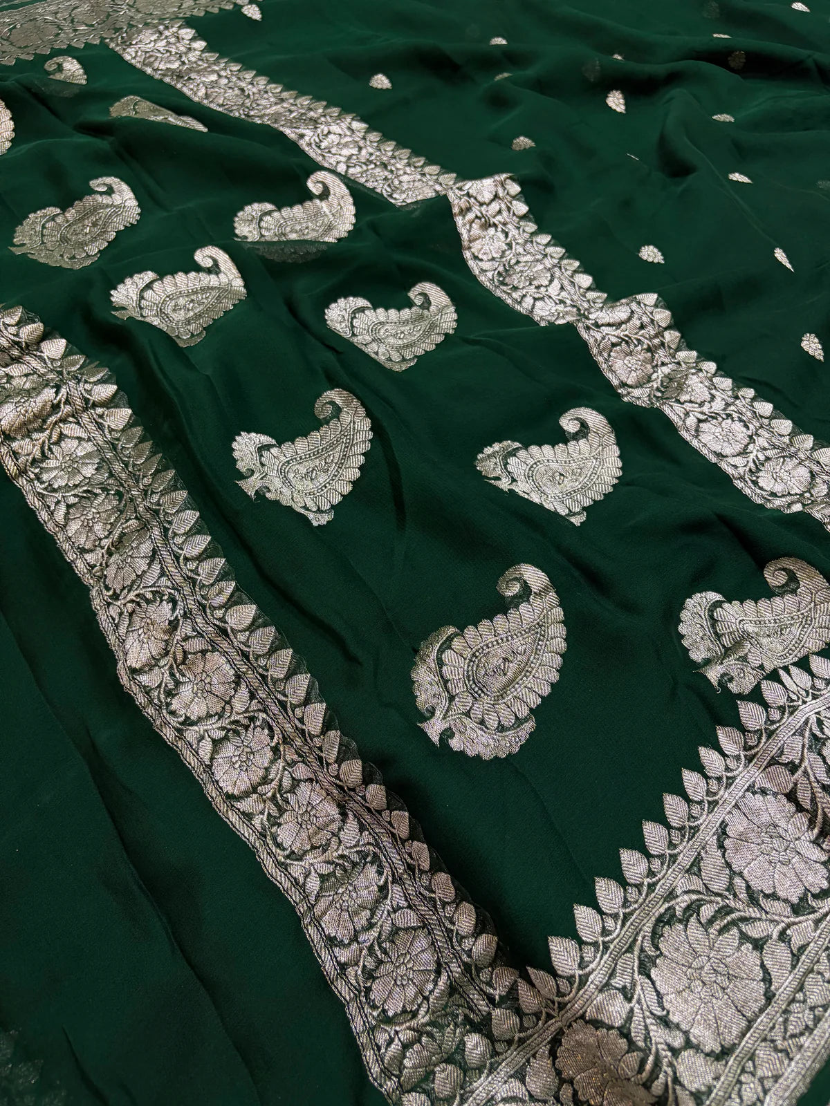 Bottle green Pure chiffon Banarasi sarees