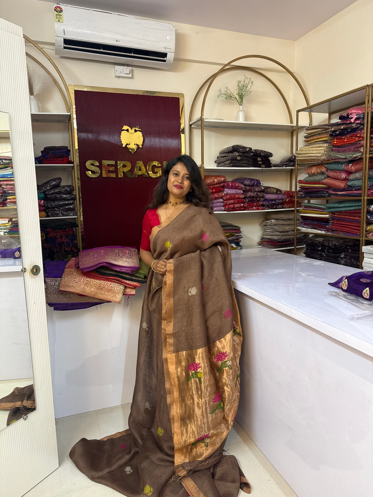 Pure linen by linen silk jamdani saree(SBSGLG05)
