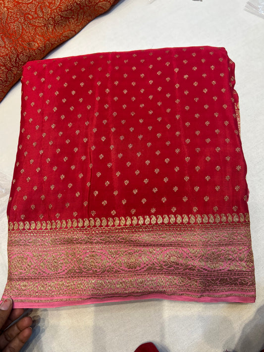 Red with pink pure crepe Banarasi saree