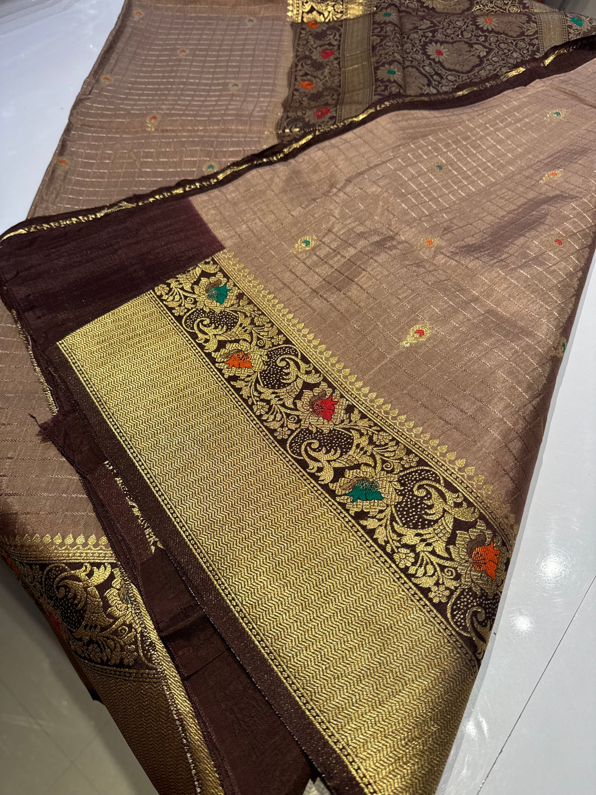 Brown meenakari work dola silk saree(meena01)