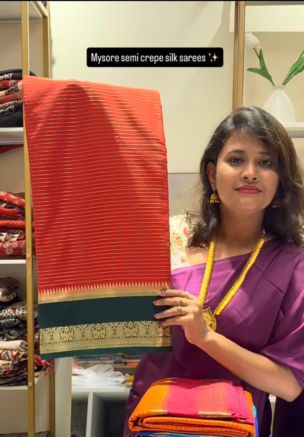 Red with green semi mysore crepe silk saree