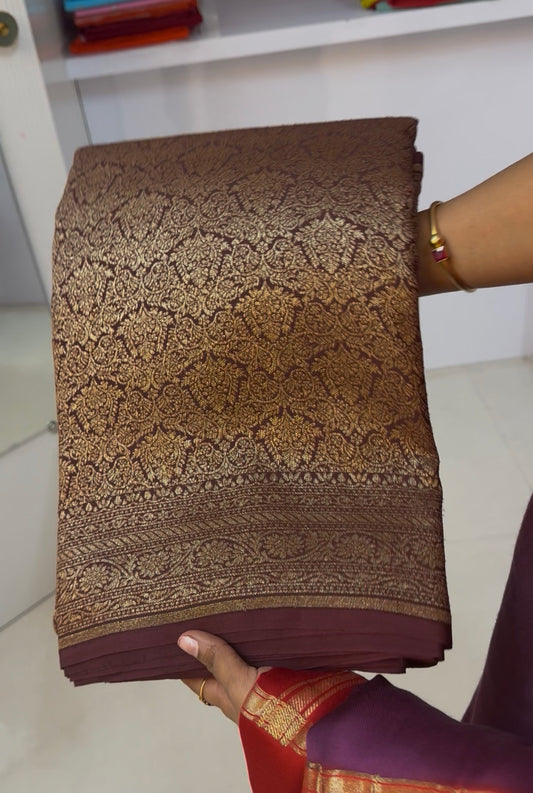 Brown PURE BROCADE Khaddi Crepe Chiffon Handloom Banarasi Saree(SSBROCADE)