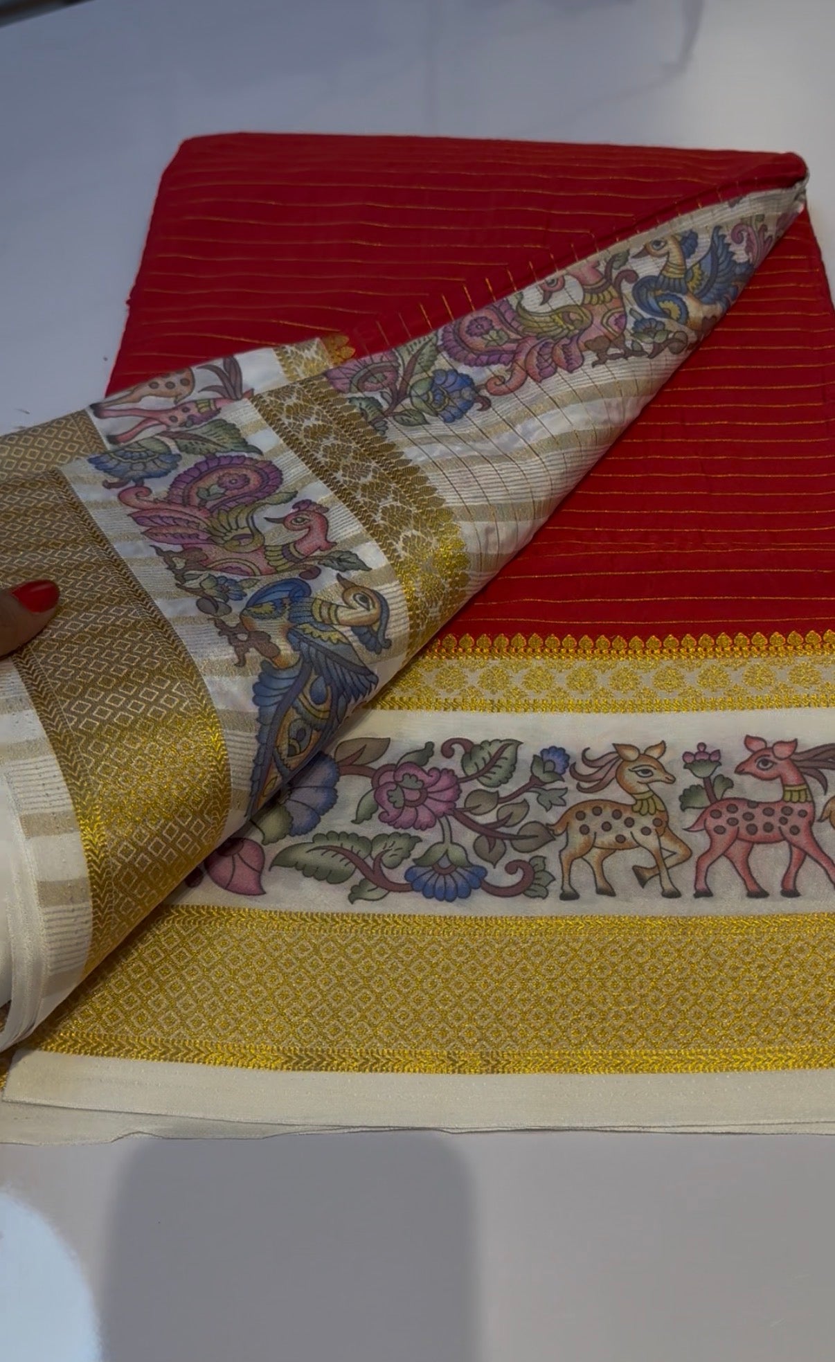 Red semi crepe kalamkari digital print sarees