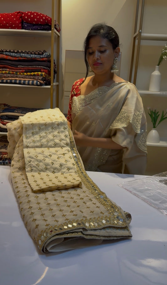 Mirror embroidery cream saree