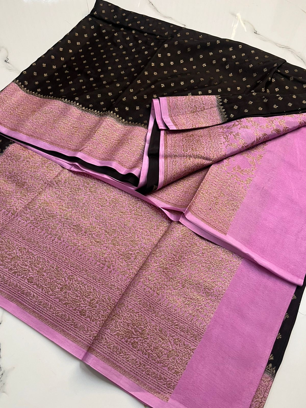 Black With Pink Pure Crepe chiffon banarasi saree