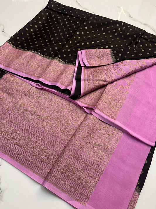 Black With Pink Pure Crepe chiffon banarasi saree
