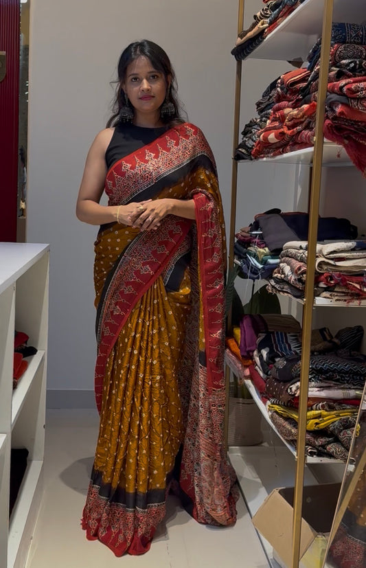 Mustard Yellow Bandhej Ajrakh Modal Silk Saree