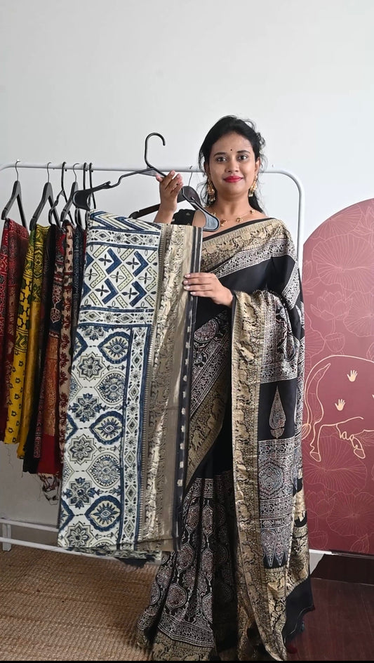 Ajrakh Dola Silk Saree