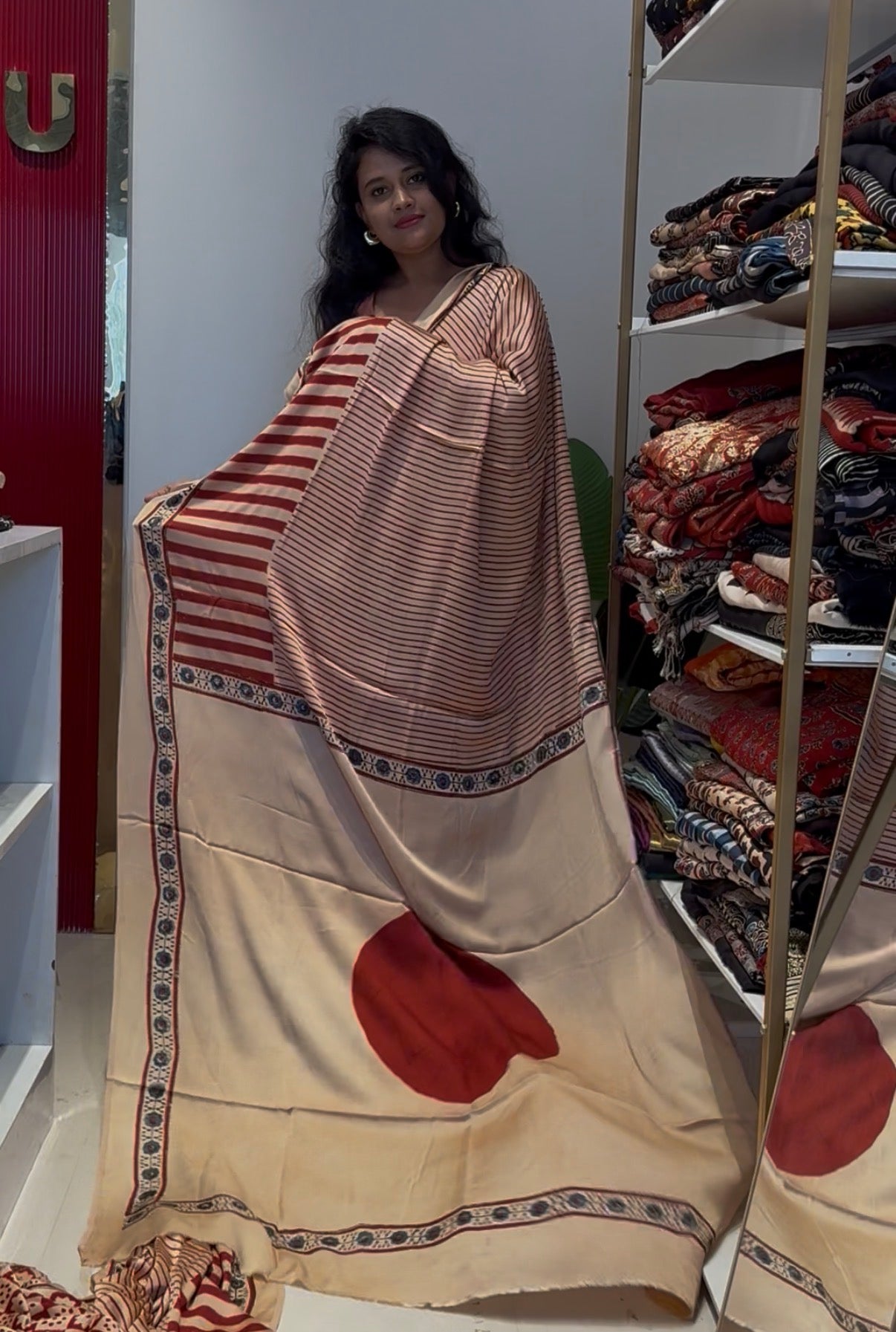 Cream with red pure modal silk saree