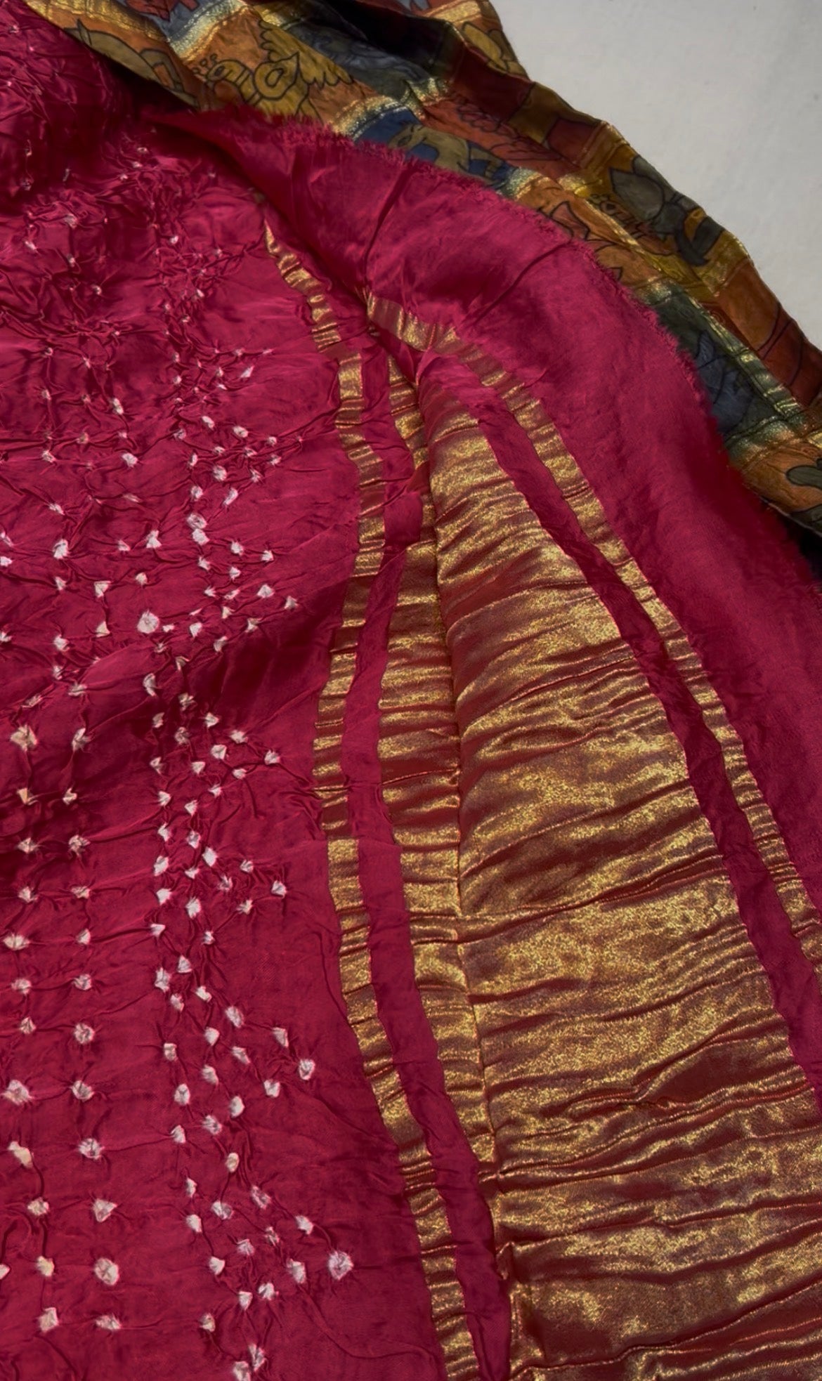 Pure gajji silk saree with pen kalamkari checks with bandhini saree