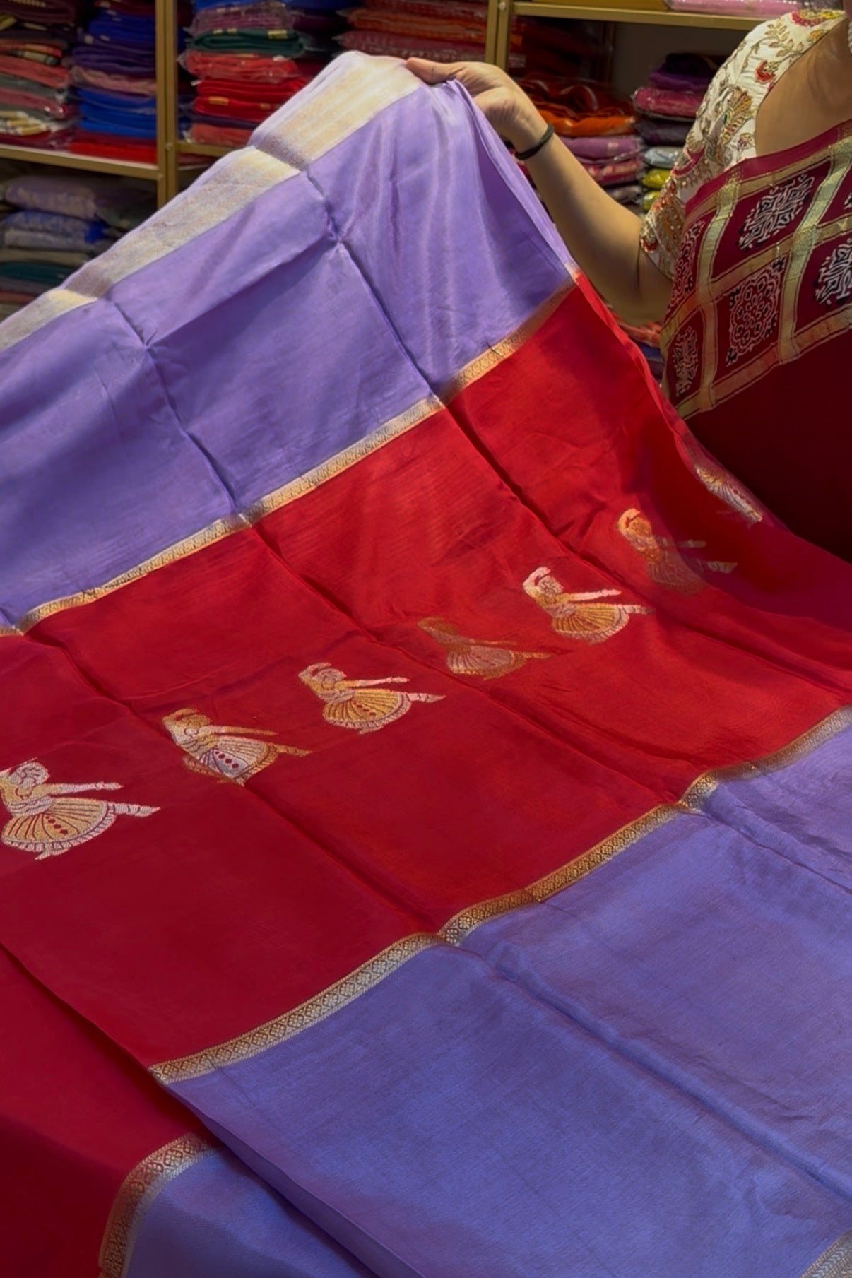 Red with lilac Premium viscose Saree