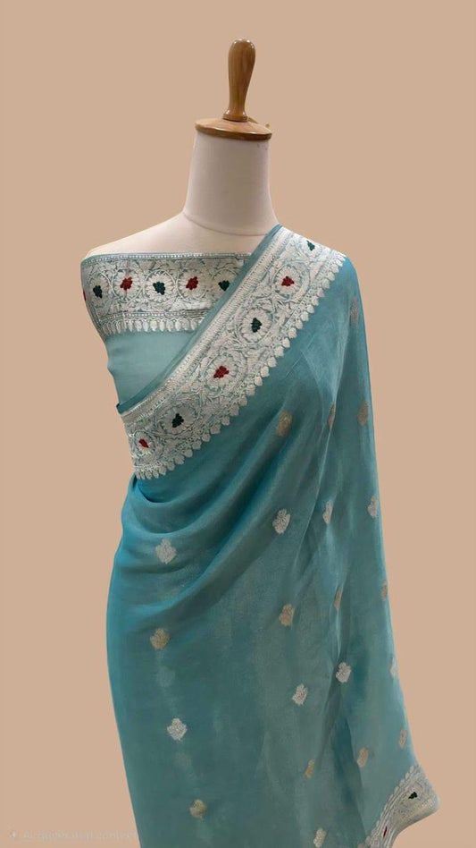 Blue Banarasi pure tissue chiffon saree sliver zari saree