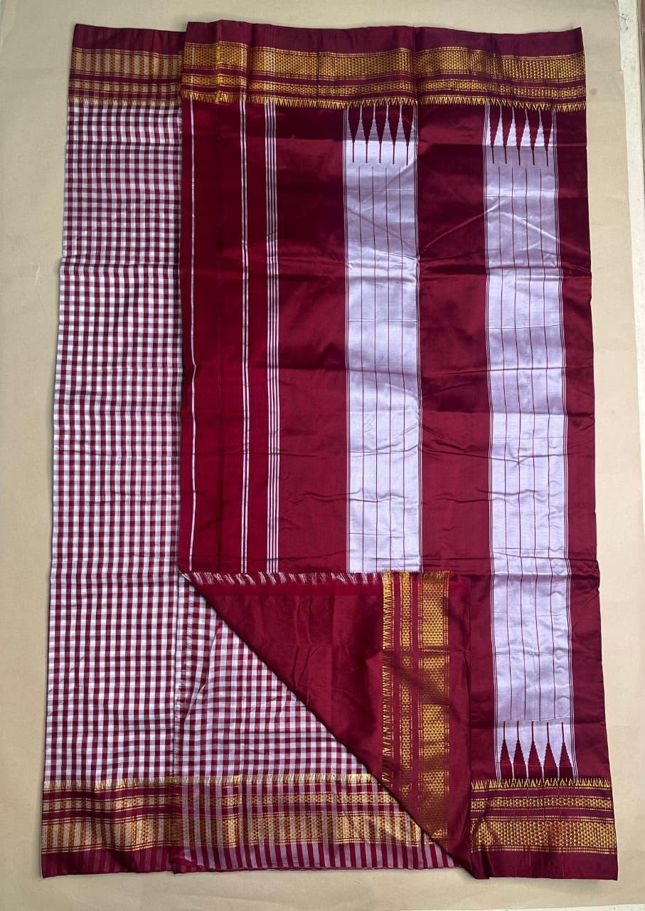 Maroon ilkal checked pure cotton saree