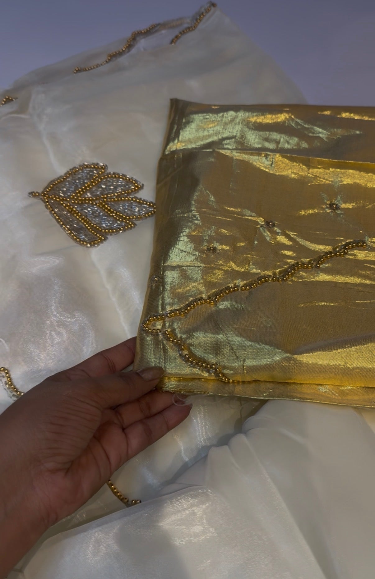 White and gold handwork saree