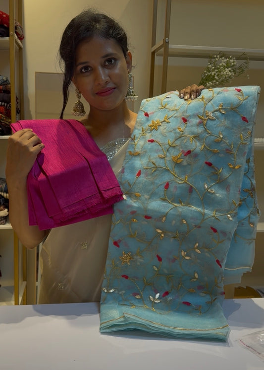 Pink With Blue Organza Saree