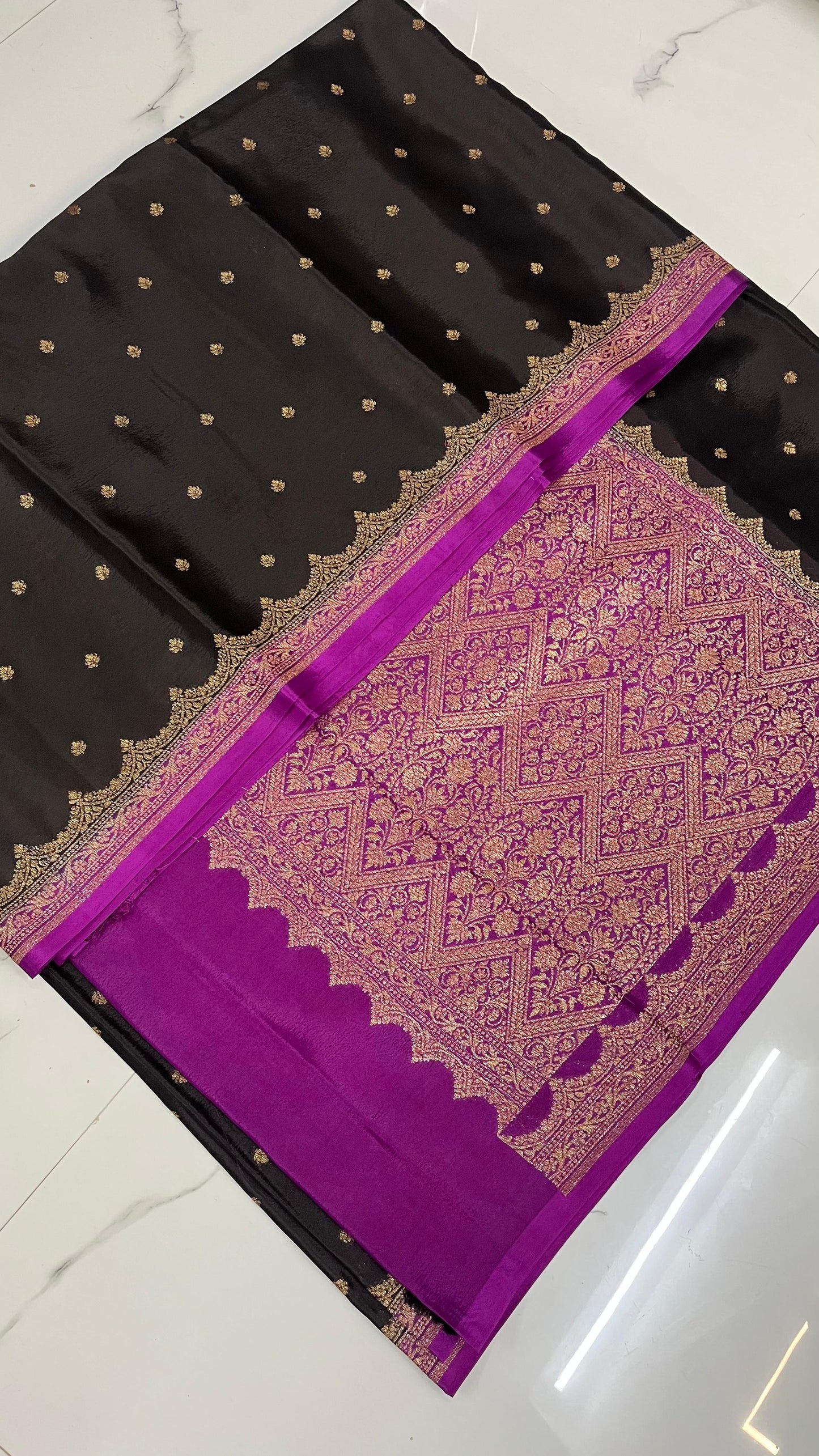 Black with purple Pure Crepe banarasi saree