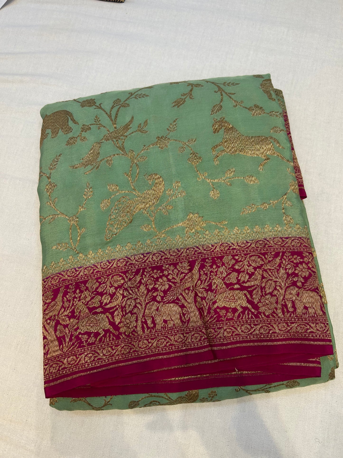 Mint green with pink pure crepe Banarasi saree (pure100)