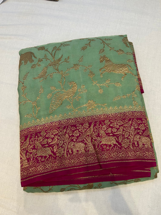 Mint green with pink pure crepe Banarasi saree (pure100)