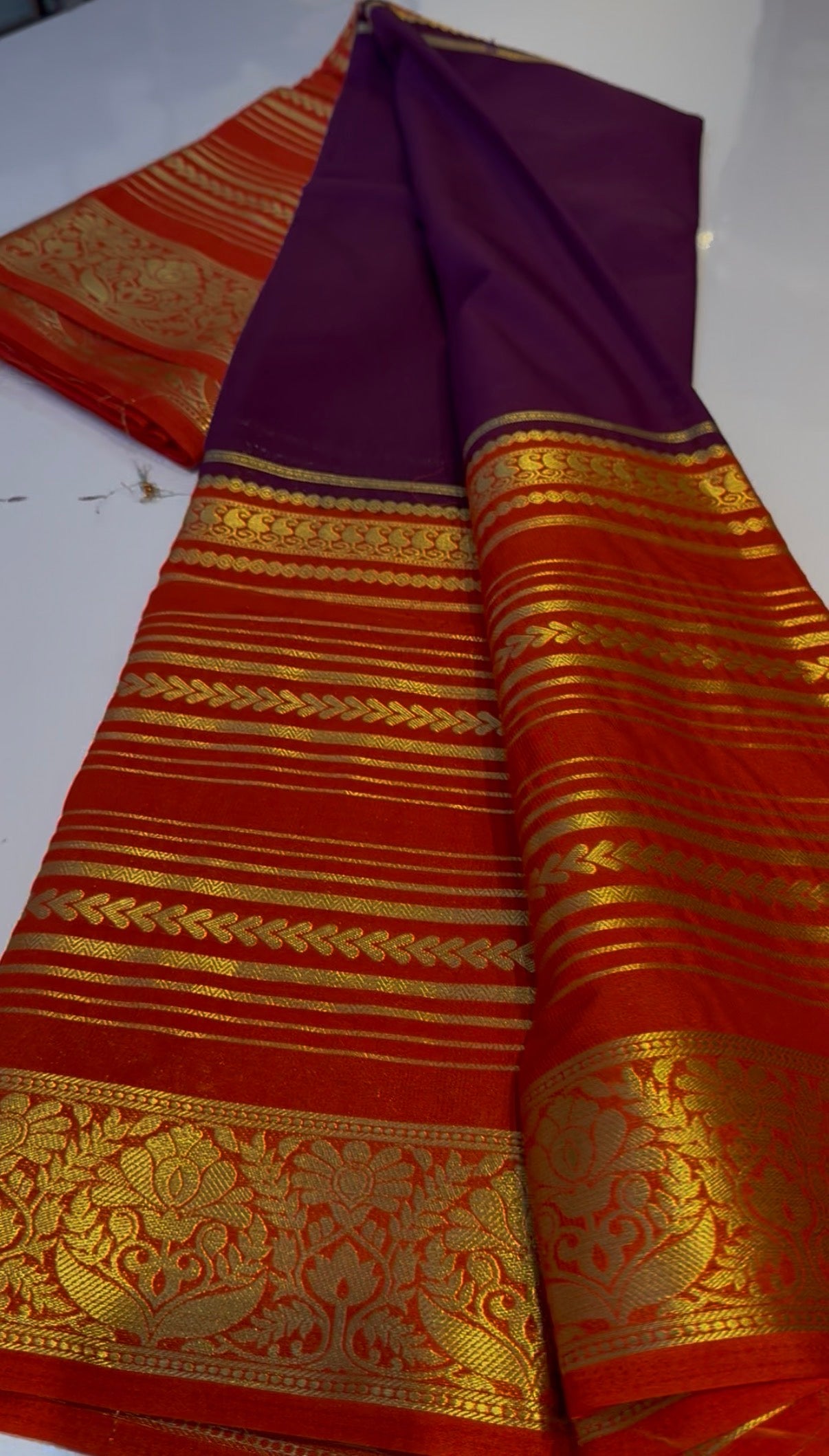 Orange with purple semi crepe silk saree