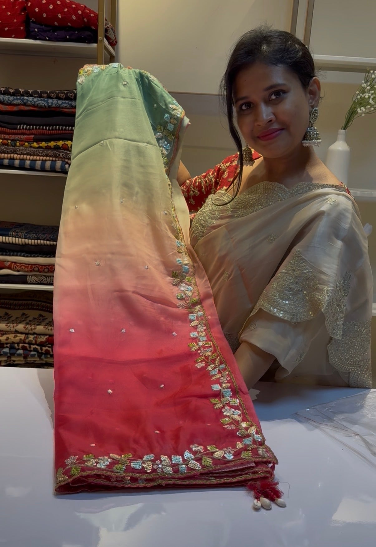 Dreamy Pista Green With Pink Soft Organza Saree