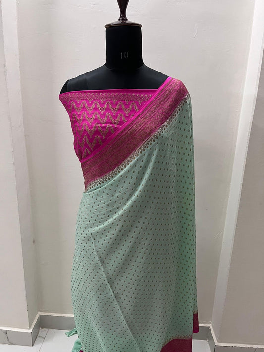 Pale blue with pink Pure Crepe chiffon banarasi saree