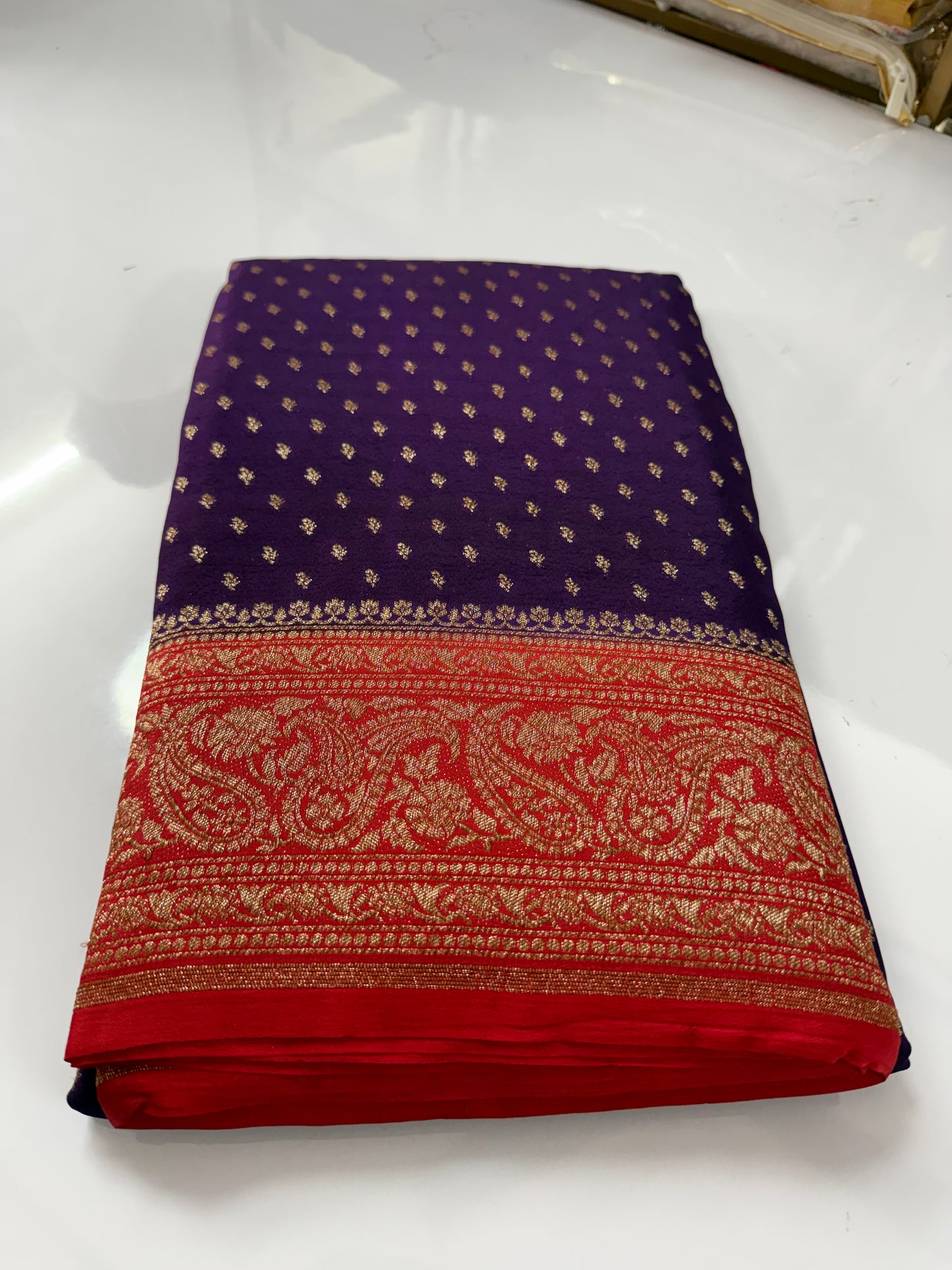 Purple with Red Pure Crepe chiffon banarasi saree