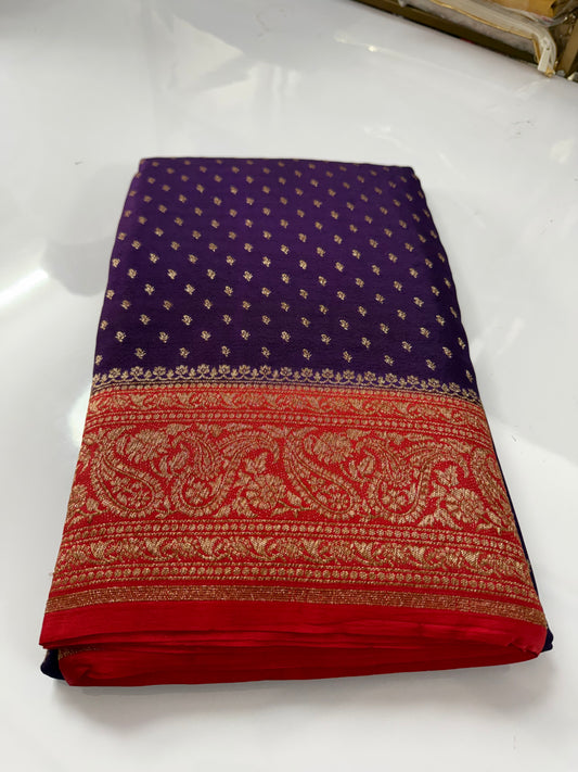 Purple with Red Pure Crepe chiffon banarasi saree