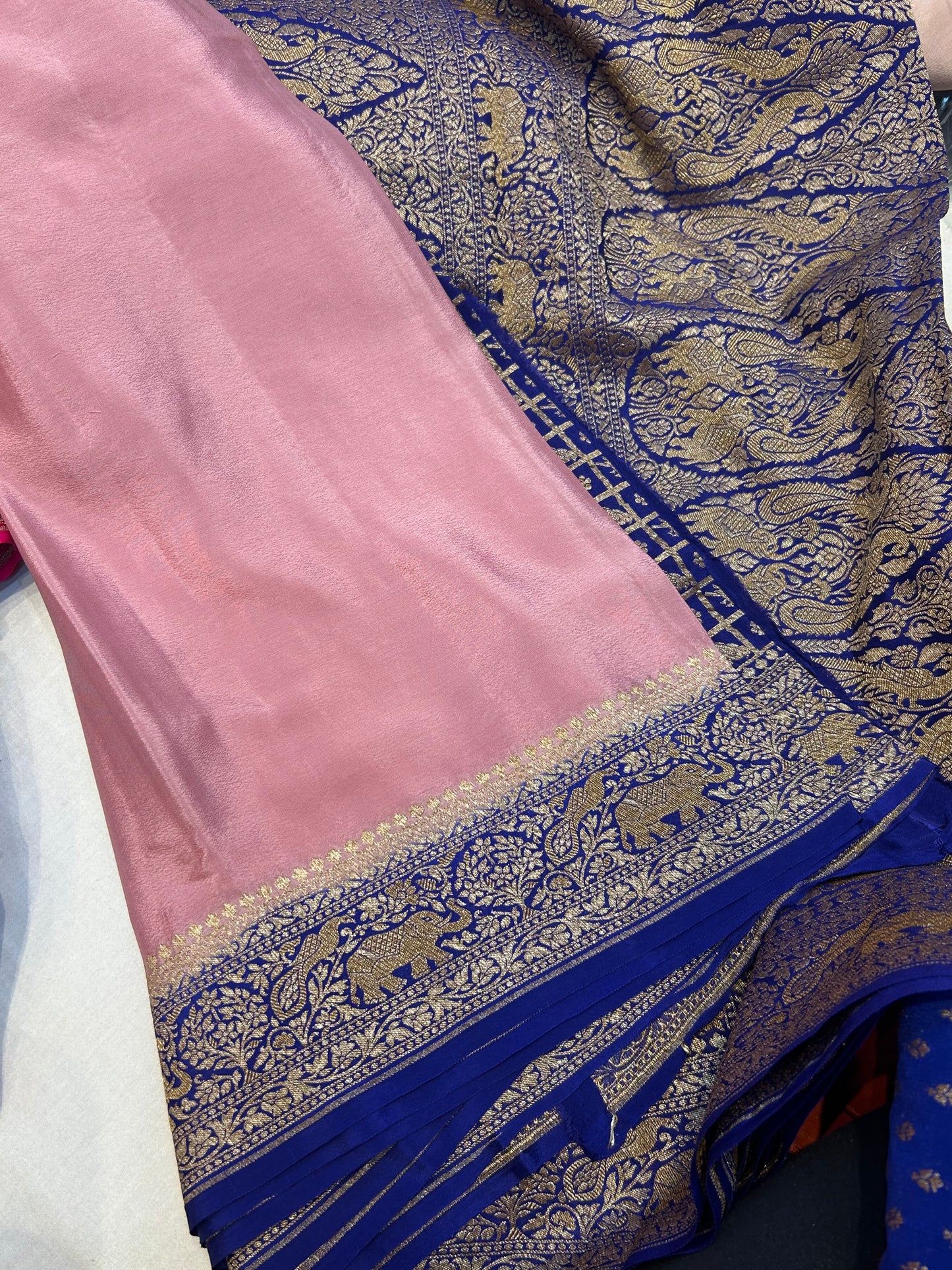 Baby pink with blue pure crepe Banarasi saree
