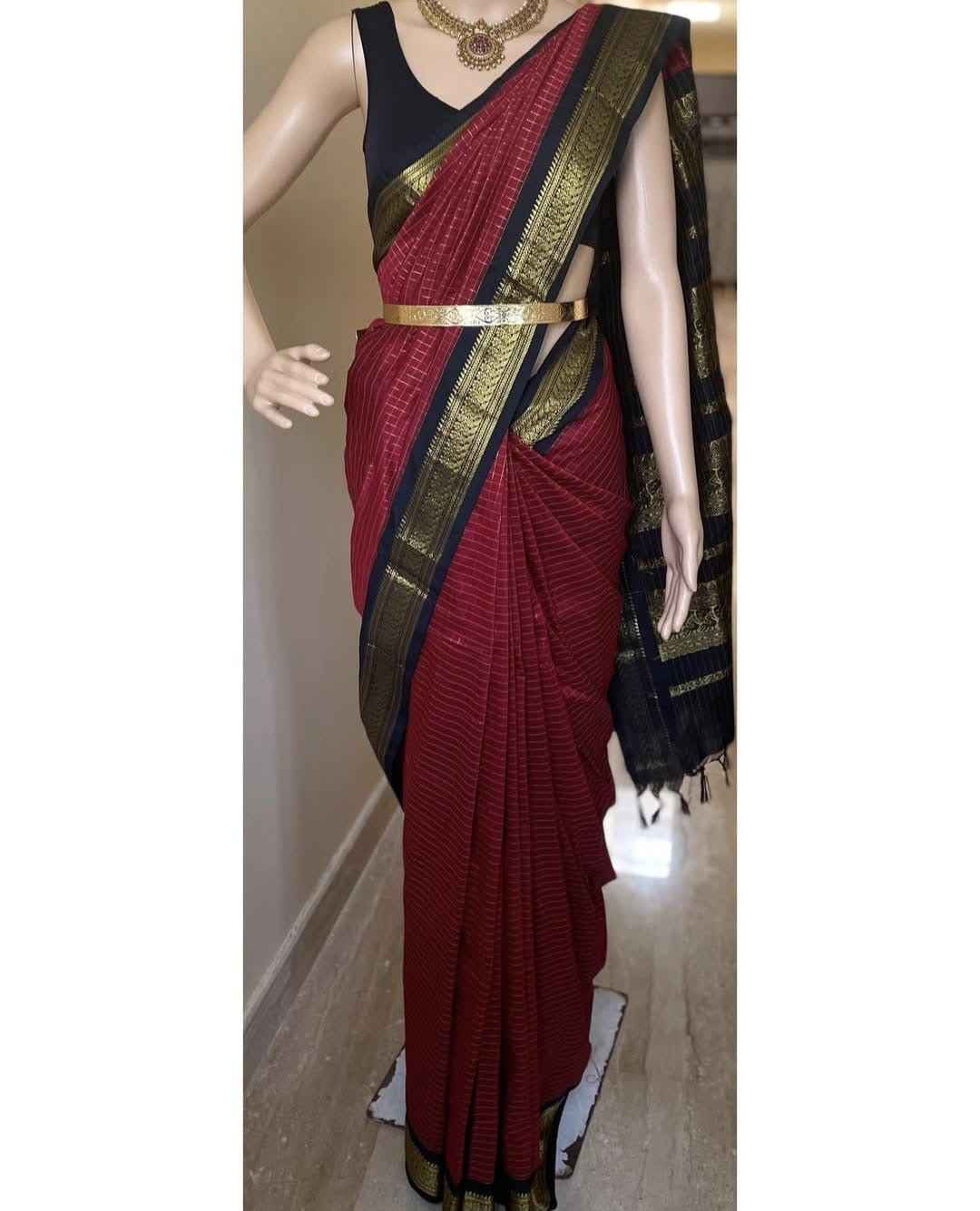Black with Red cotton silk saree