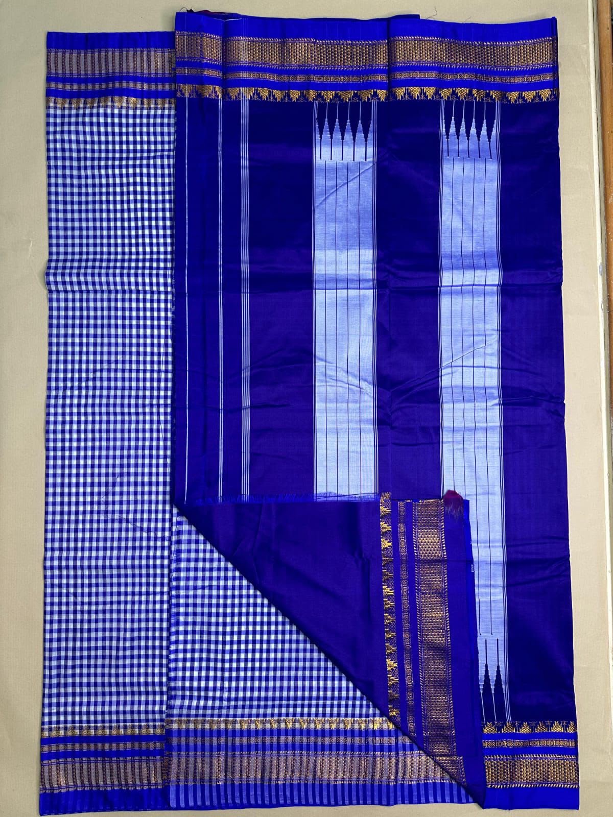 Blue ilkal checked pure cotton saree